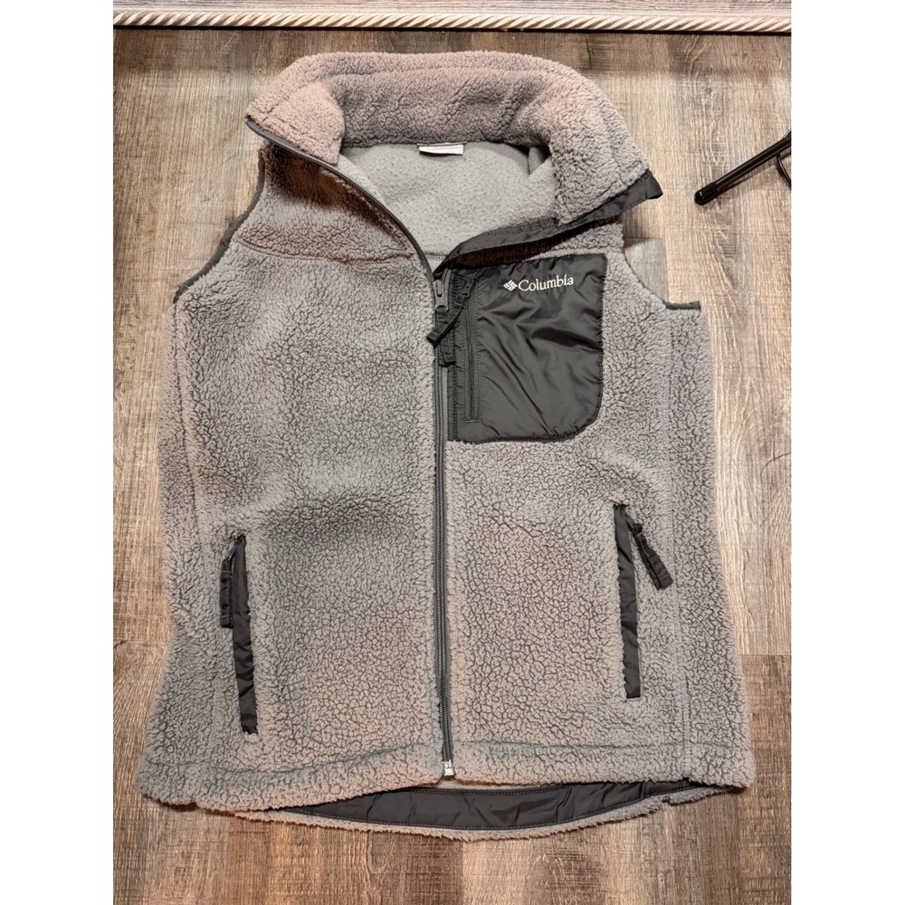 Columbia Women Grey Sherpa Fleece Vest Full Zip Pockets XL0968 XS